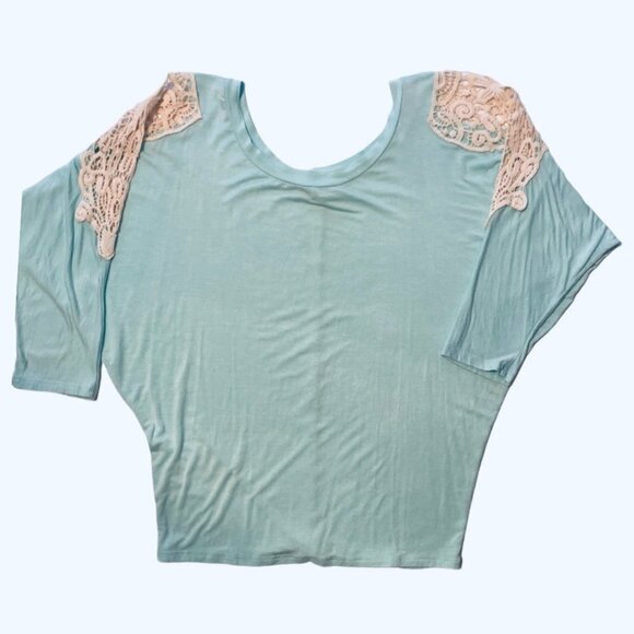 Women's Mint Green & Ivory Lace Pullover Top Size Small Dolman Sleeves Stretch - Picture 5 of 9